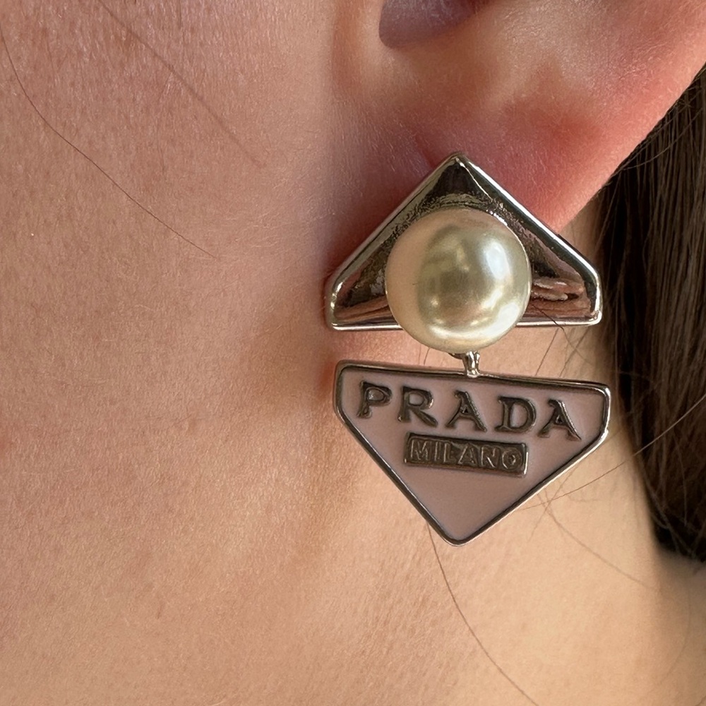 Prada Silver Triangle Pearl Earrings